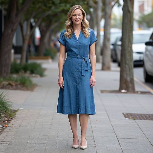 Photograph of a smiling blonde woman in a blue, short-sleeve, knee-length dress and white heels, standing on a tree-lined city sidewalk