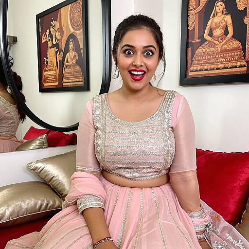 Photograph of a smiling South Asian woman with dark hair in a pink traditional lehenga, sitting on a red couch, with Indian art paintings and gold