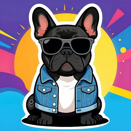Digital illustration of a black French Bulldog wearing black sunglasses and a blue denim jacket, centered against a vibrant, colorful background with a yellow sun and geometric