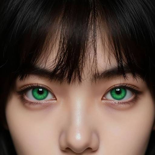 Close-up photograph of an Asian woman's intense green eyes and black bangs, highlighting her striking gaze and smooth, pale skin.