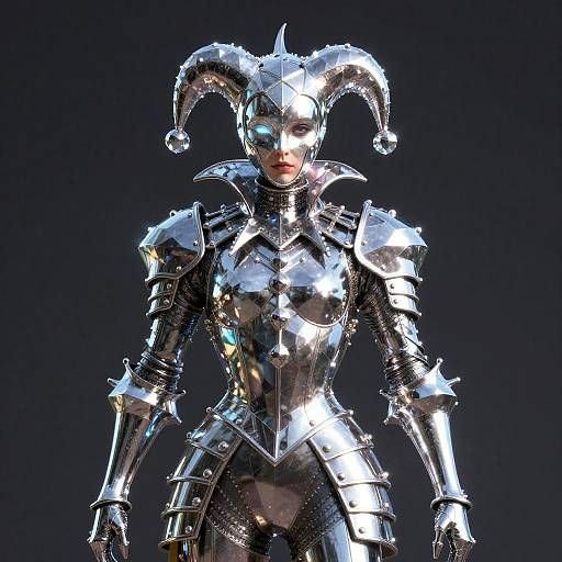 Photorealistic CGI of a shiny, silver, armored jester with reflective helmet and pointed hat, standing against a dark background.