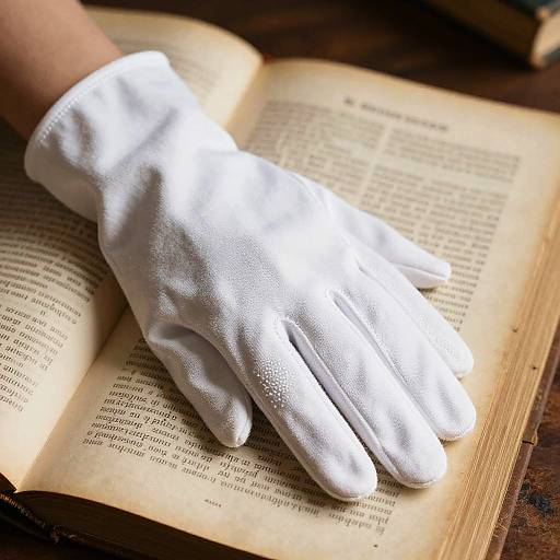 Photograph of a white, textured glove resting on an open, yellowed book with black text, on a dark wooden surface.