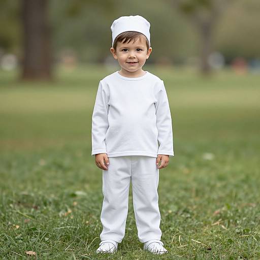 Photograph of a smiling toddler in a white sailor outfit and hat, standing on green grass in a park.