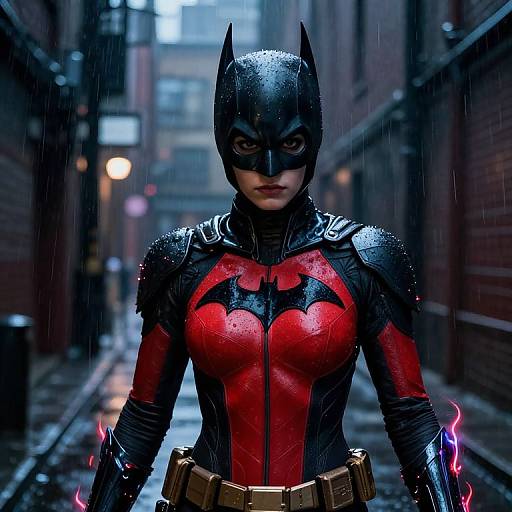 Photorealistic CGI of a determined Batman-inspired female superhero in a wet, alleyway at night, with glowing red and black suit, black bat emblem