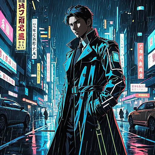 Vigilant Cybernetic Detective in Neon Rain