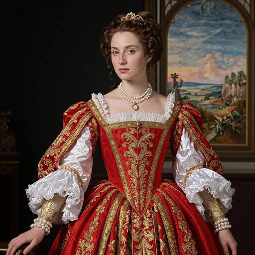 Photograph of a fair-skinned woman in a detailed, red and gold Renaissance-style gown with white lace, pearl necklace, and tiara, standing