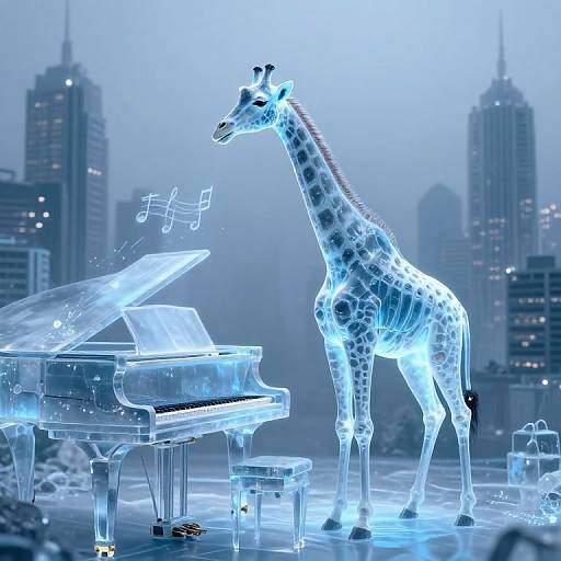 Digital artwork of a glowing blue giraffe playing a transparent grand piano in a futuristic cityscape with skyscrapers at night.