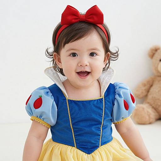 Photograph of a smiling baby girl in a blue and yellow Snow White costume with red bow, white ruffled collar, and blue puffed sleeves,