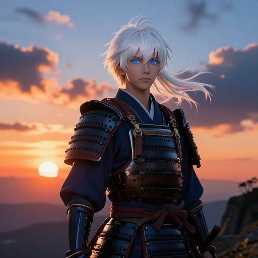 Digital art of a white-haired samurai with glowing blue eyes, wearing black armor, against a vibrant sunset sky.