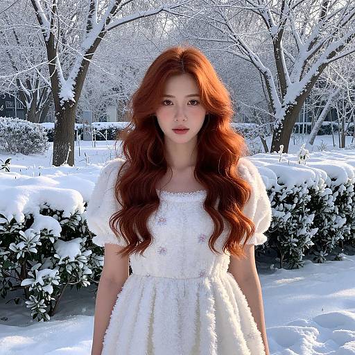 Photograph of a young Asian woman with long, wavy red hair, wearing a white lace dress, standing in a snowy, winter garden with snow