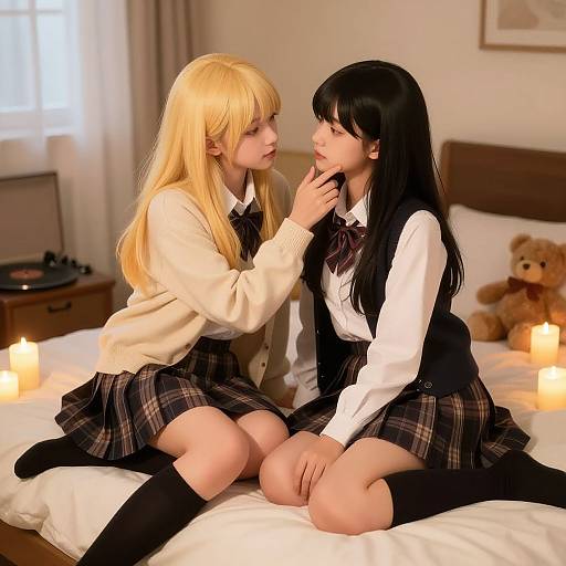 Digital artwork of two anime-style schoolgirls with blonde and black hair, sitting on a bed with candles, touching faces intimately.