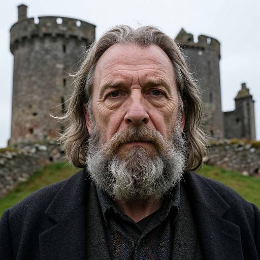 Photograph of a middle-aged man with a gray beard and long hair, wearing a black coat, standing in front of a medieval castle with stone towers
