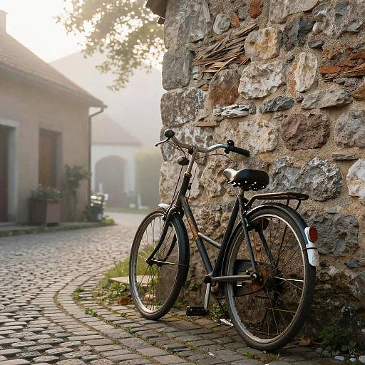 Vintage Bicycle in Foggy European Village