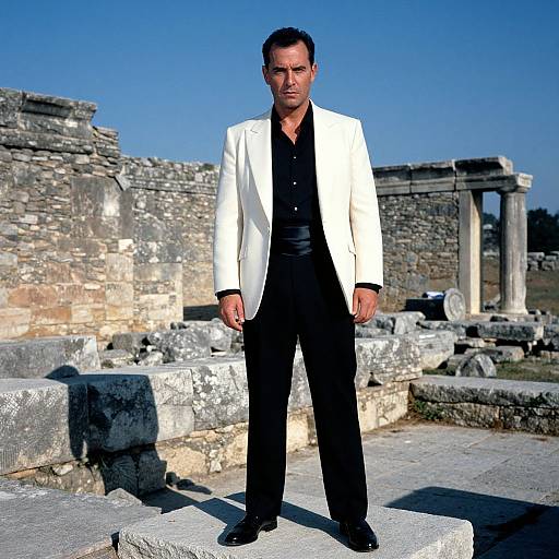 Photograph of a middle-aged man in a white blazer, black shirt, and black pants, standing in a sunlit ancient ruins background with blue