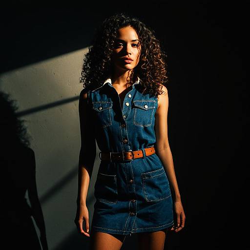 Young Woman in Sleeveless Denim Dress