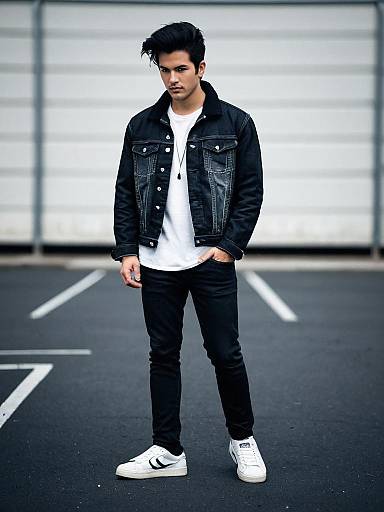Trendy Young Man in Black Denim Jacket and Sneakers