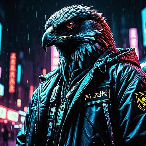 Cyberpunk Hawk Hacker in Rainy City