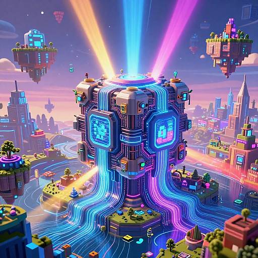 Vibrant pixel art cityscape with glowing, neon-blue and purple-lit central tower emitting beams. Floating islands and futuristic buildings surround it, illuminated
