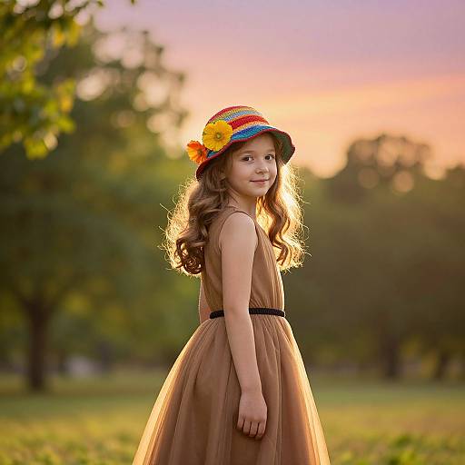 Photograph of a young girl with wavy brown hair, wearing a brown dress and colorful straw hat with a yellow flower, standing in a sunlit