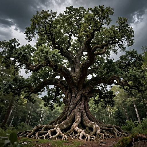 Photograph of a massive, ancient tree with extensive, gnarled roots, lush green leaves, and a stormy, cloudy sky background.