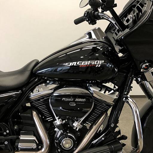 Close-up photograph of a shiny black Harley-Davidson motorcycle engine, with 