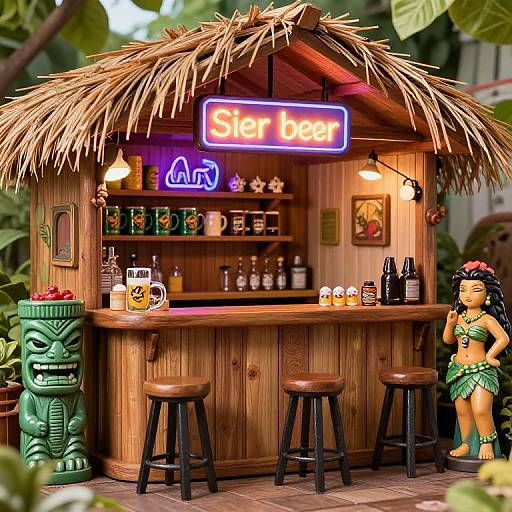 Photorealistic CGI of a tropical tiki bar with a thatched roof, neon 