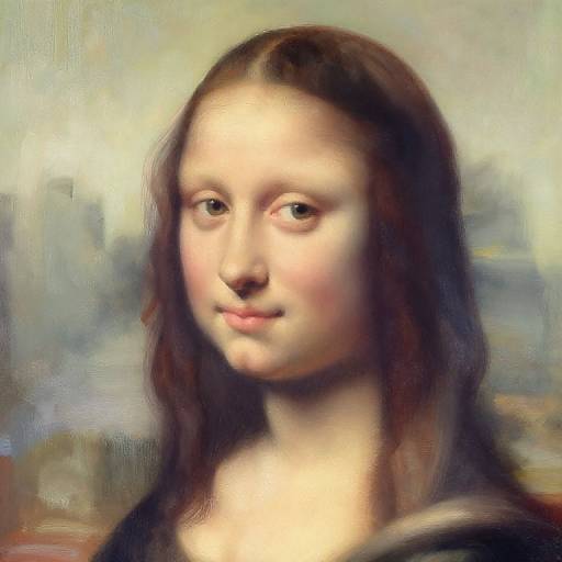 Digital artwork of a young woman with pale skin, brown hair, and soft expression, resembling the Mona Lisa, against a blurred, muted background.