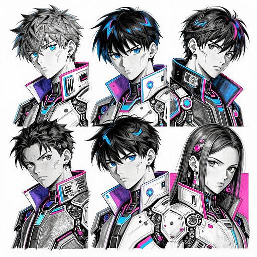 Digital anime-style illustration of six characters with blue and pink accents, wearing futuristic, high-collared jackets, each with unique hairstyles and expressions.