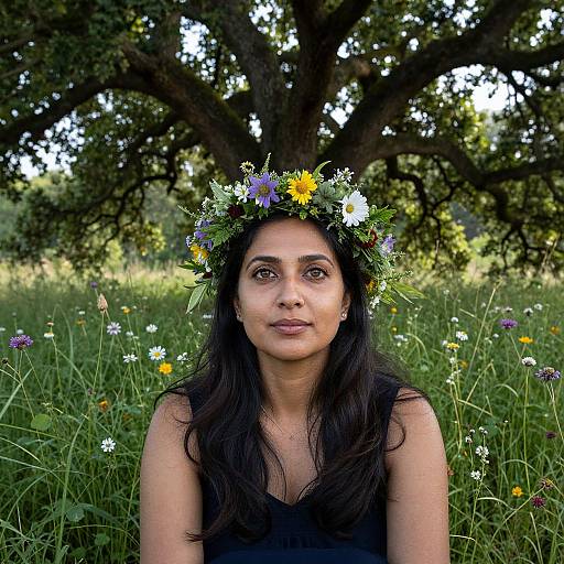 Photograph of a young woman with dark hair and medium brown skin, wearing a black dress and a flower crown, sitting in a grassy meadow