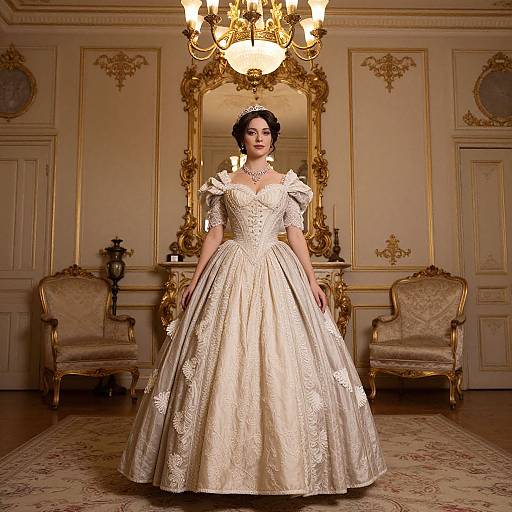 Photograph of a dark-haired woman in an ornate, cream-colored ball gown with floral embroidery, standing in an opulent, gold-accented