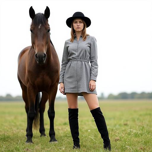 Photograph of a young woman in a gray checkered dress and black hat standing beside a brown horse in a grassy field. She wears black knee
