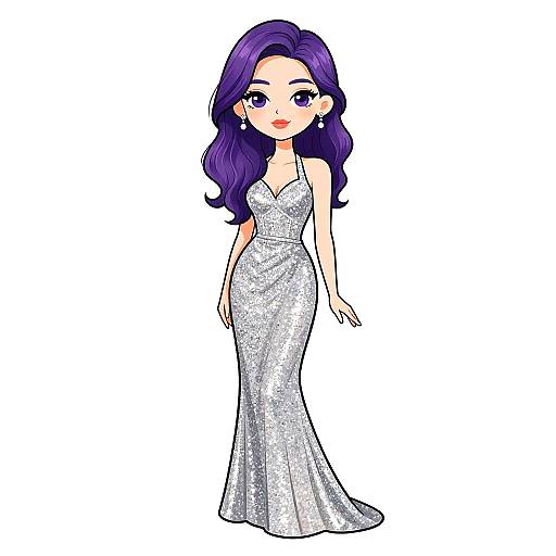 Digital anime-style drawing of a beautiful woman with long purple hair, wearing a sparkling silver, form-fitting evening gown, standing against a white background.