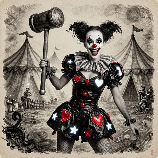 Digital drawing of a creepy clown in a black, star-embroidered dress with red hearts, holding a hammer, in a monochromatic circus