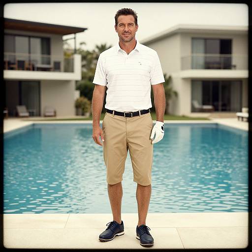 Photograph of a smiling, fit, middle-aged man with short dark hair, wearing a white polo, beige shorts, black belt, and sneakers,