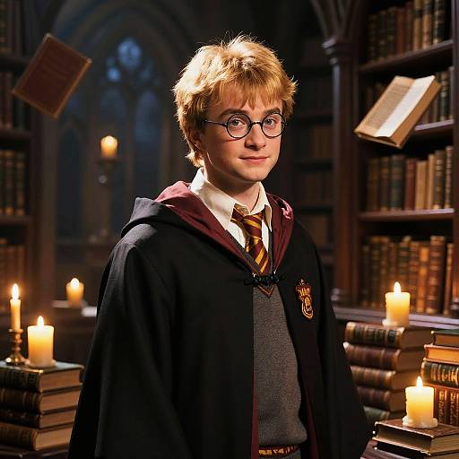 Photograph of a young boy with blonde hair, glasses, wearing a Hogwarts robe, white shirt, and striped tie, surrounded by candles and books in