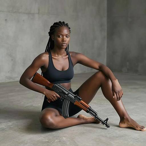 Calm Black Woman with AK-47 in Minimal Workout Attire