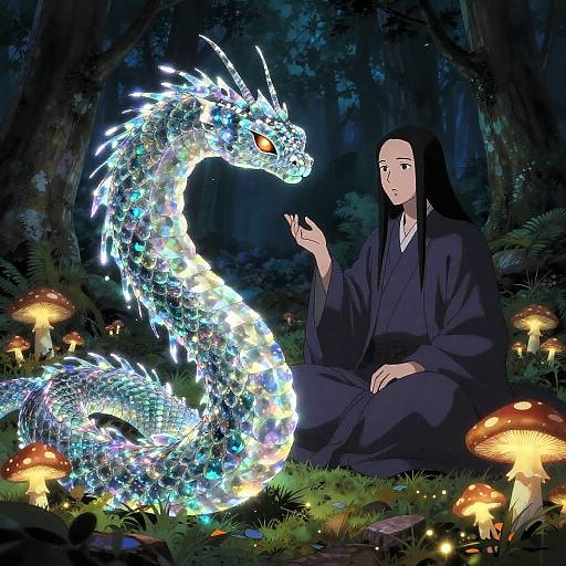 Digital anime illustration: A serene woman with long black hair in a dark kimono sits beside a glowing, ethereal dragon in a dark forest with glowing