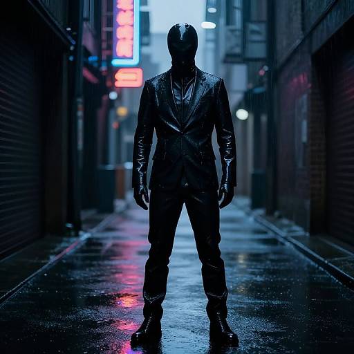Neon-Lit Latex Figure in Rain