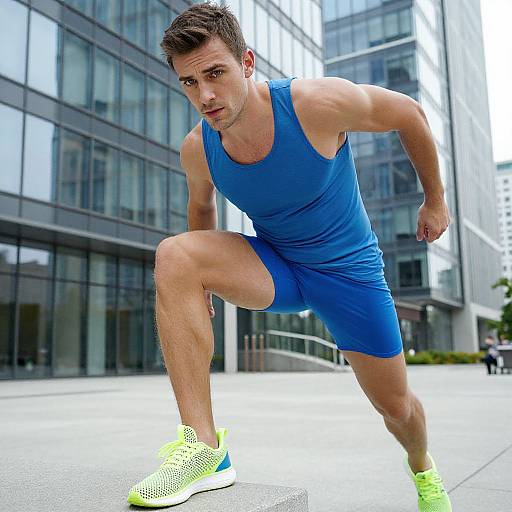 Photograph of a muscular, light-skinned man in a blue tank top and shorts, neon yellow running shoes, crouching in an urban setting