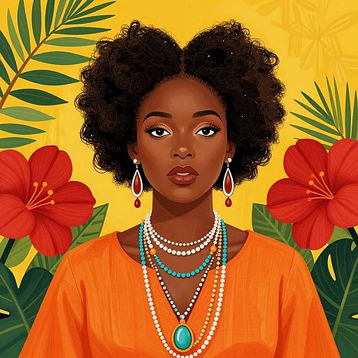 Digital illustration of a dark-skinned woman with curly black hair, wearing an orange dress, layered necklaces, and red earrings, surrounded by bright red
