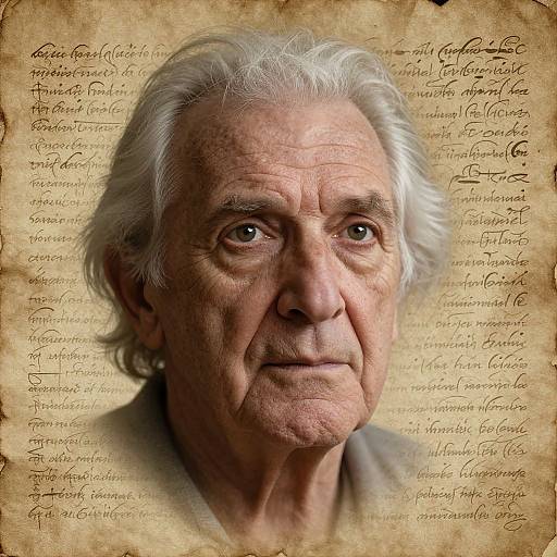 Photograph of an elderly white man with white hair, wrinkled face, and serious expression, standing against a parchment background with cursive text.