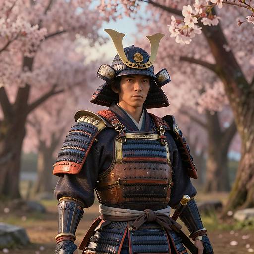 Stoic Samurai in Cherry Blossom Grove