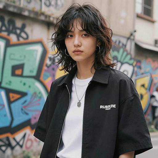 Photograph of an Asian woman with messy black hair, wearing a black shirt over a white tee, standing in front of colorful graffiti on a urban wall