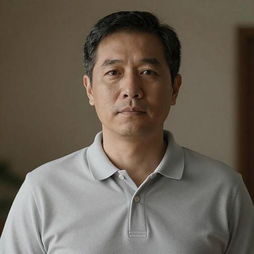 Serious Middle-Aged Man in Gray Polo Shirt