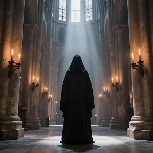 Photograph of a hooded figure in a dark cloak standing in a dimly lit, Gothic cathedral with sunlight streaming through high windows, illuminating columns