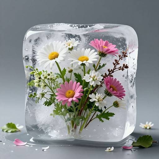 Frozen Ice Block with Blooming Flowers