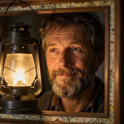 Photograph of a rugged, bearded man with weathered skin, illuminated by a vintage lantern, framed in a floral-patterned picture frame. Warm
