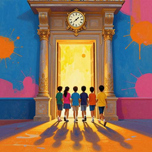 Digital illustration of five children in colorful clothes standing before a glowing, ornate clock-framed doorway, casting long shadows on vibrant blue walls with pink and
