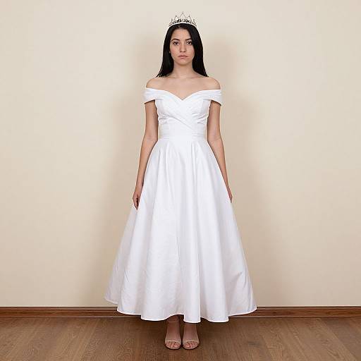 Photograph of a young woman with fair skin and long black hair, wearing a white off-the-shoulder wedding dress and tiara, standing against
