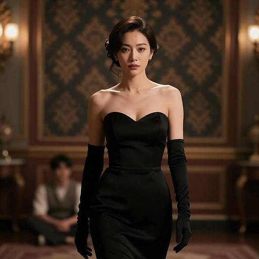 Serious Woman in Amber-Lit Ornate Room